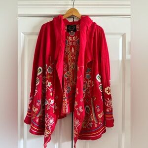 JOHNNY WAS Embroidered Red Boho Open Cardigan